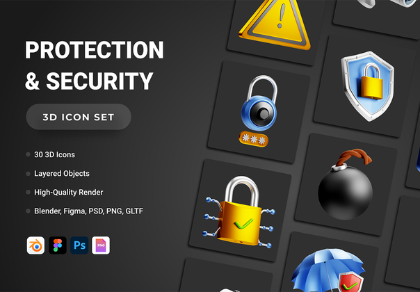 30 个 3D 保护和安全图标集 (30 3D Protection and Security Icon Set)