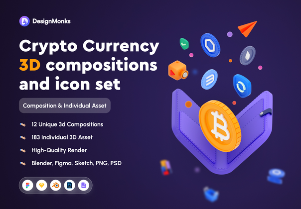 加密货币 3D 构图和图标集 (Crypto Currency 3D compositions and icon set)