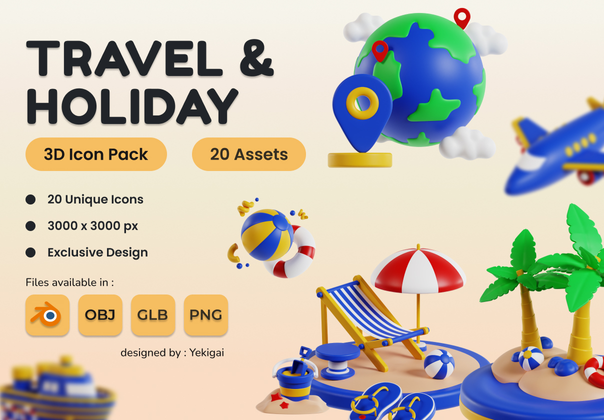 旅行和假日 3D 图标包 (Travel and Holiday 3D Icon Pack)