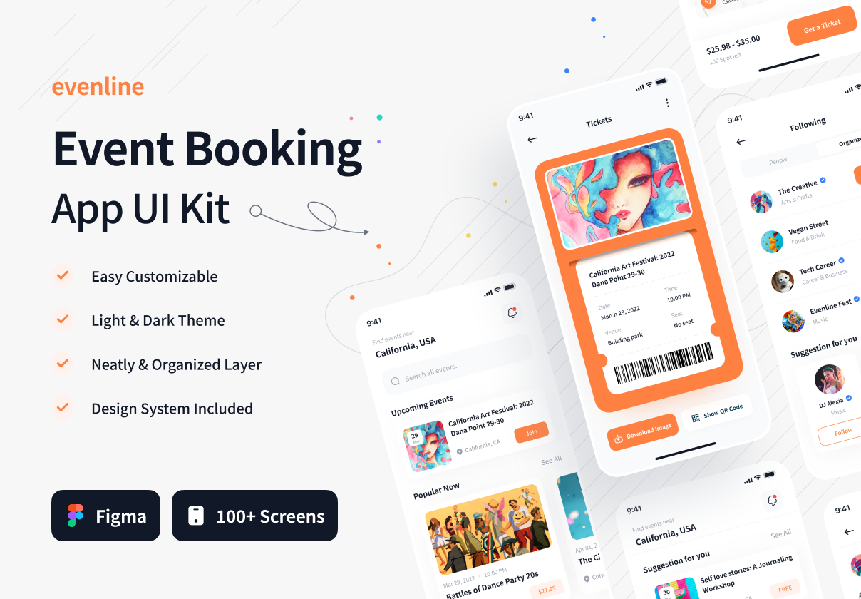 Evenline - 活动预订应用程序UI套件 (Evenline - Event Booking App UI Kit)