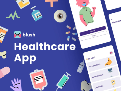 带有胭脂水粉插图的保健应用(Healthcare App with Blush Illustrations)