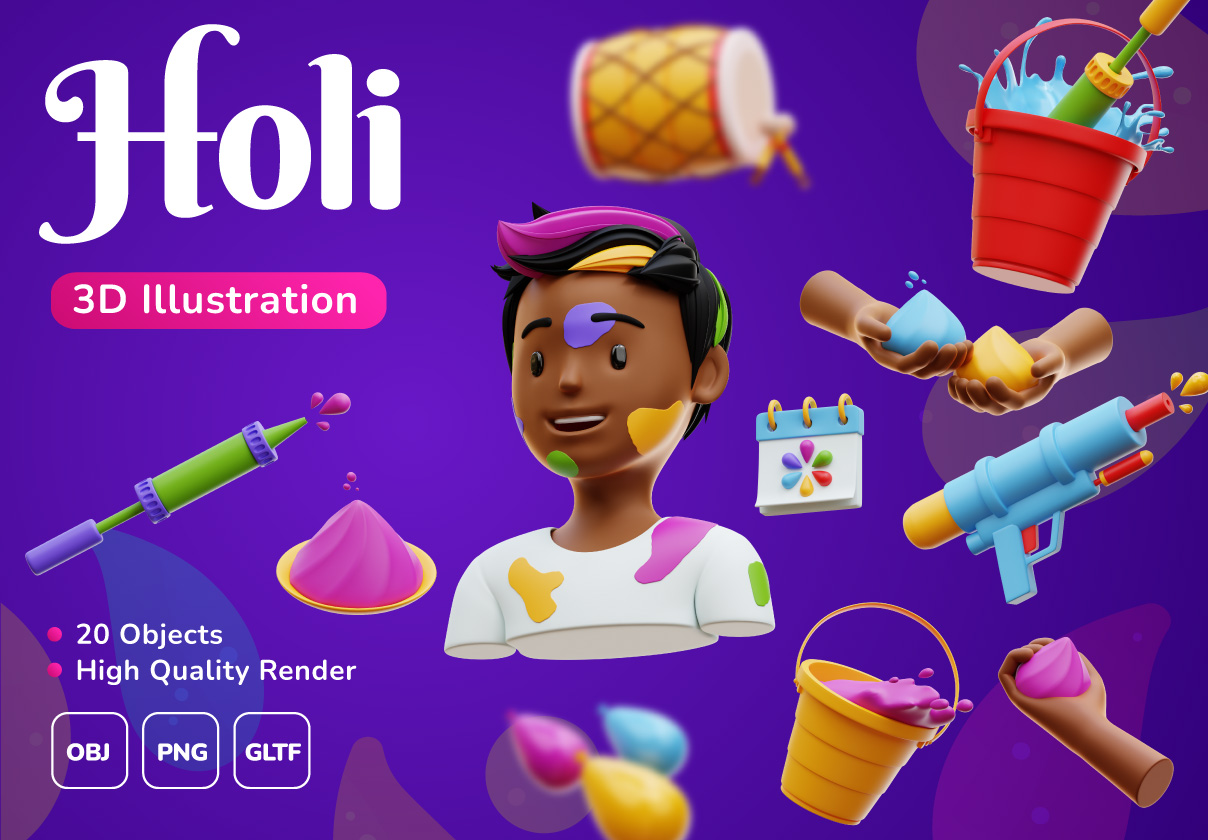 Holi Festival - 3D插图包 (Holi Festival - 3D illustration Pack)