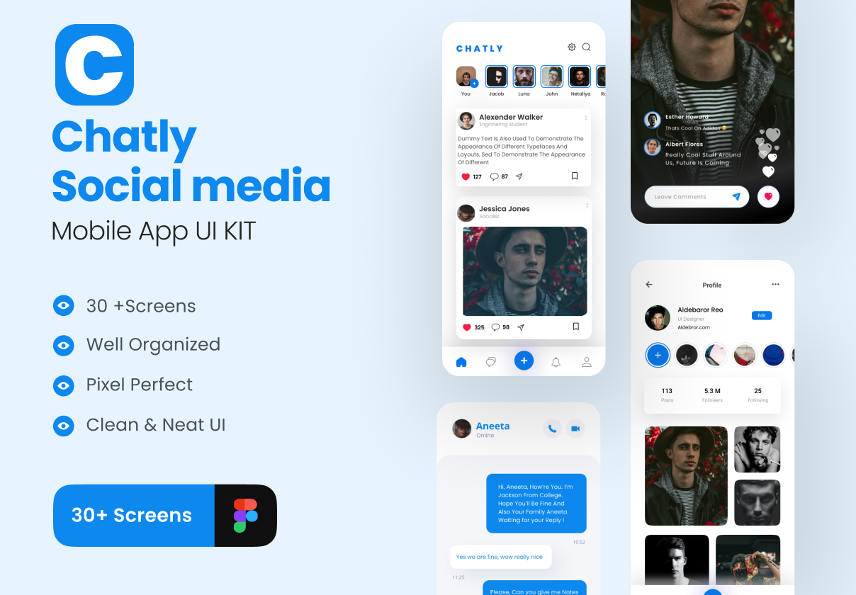 Chatly - 社交媒体应用程序UI套件 (Chatly - Social Media App UI Kit)
