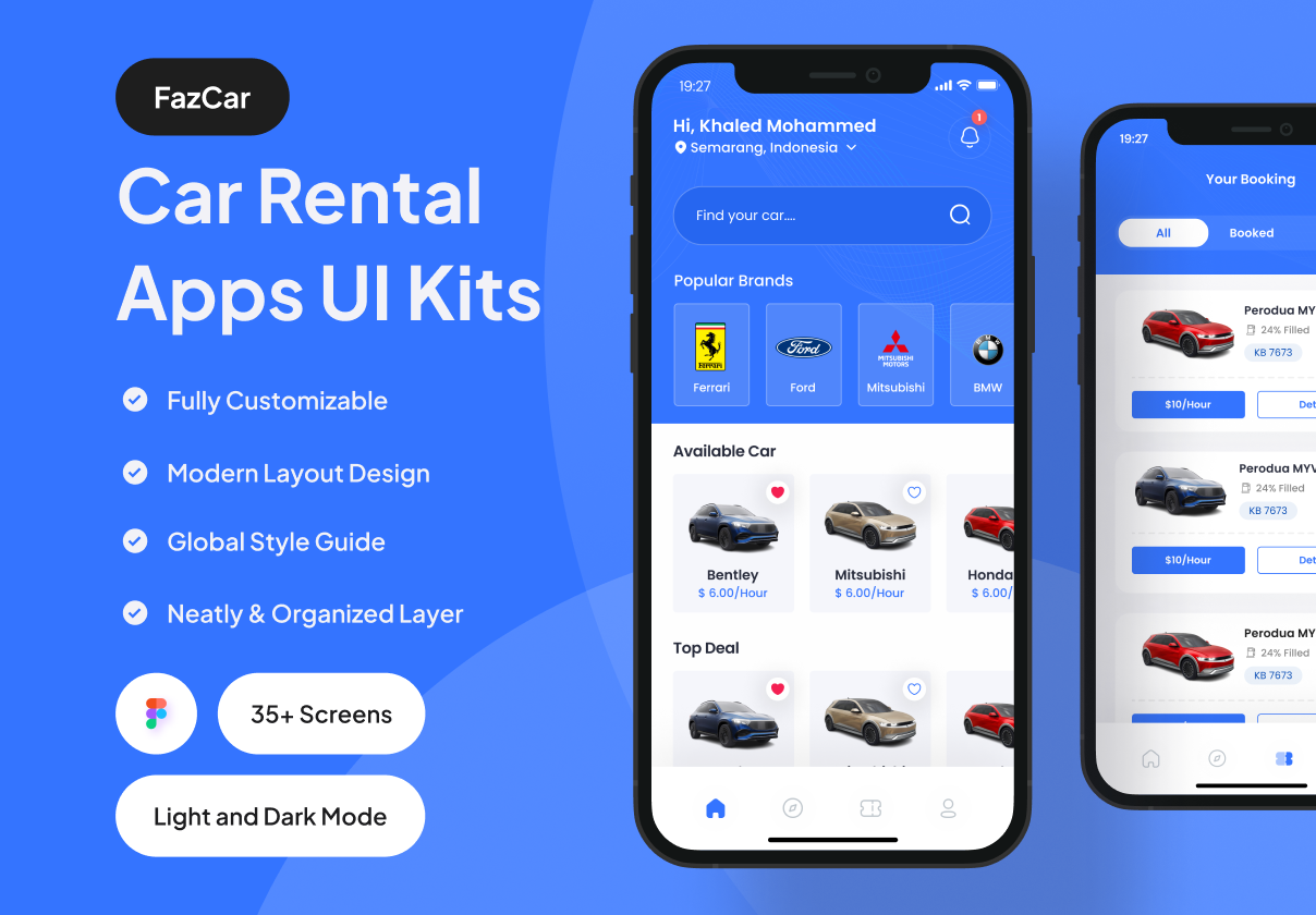 FazCar - 汽车租赁应用UI设计套件 (FazCar - Car Rental App UI Kit)