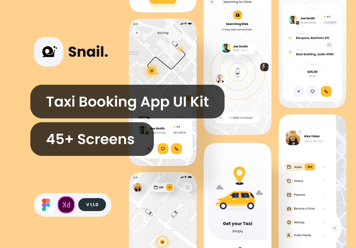 蜗牛出租车预订应用UI套件 (Snail Taxi booking app UI Kit)