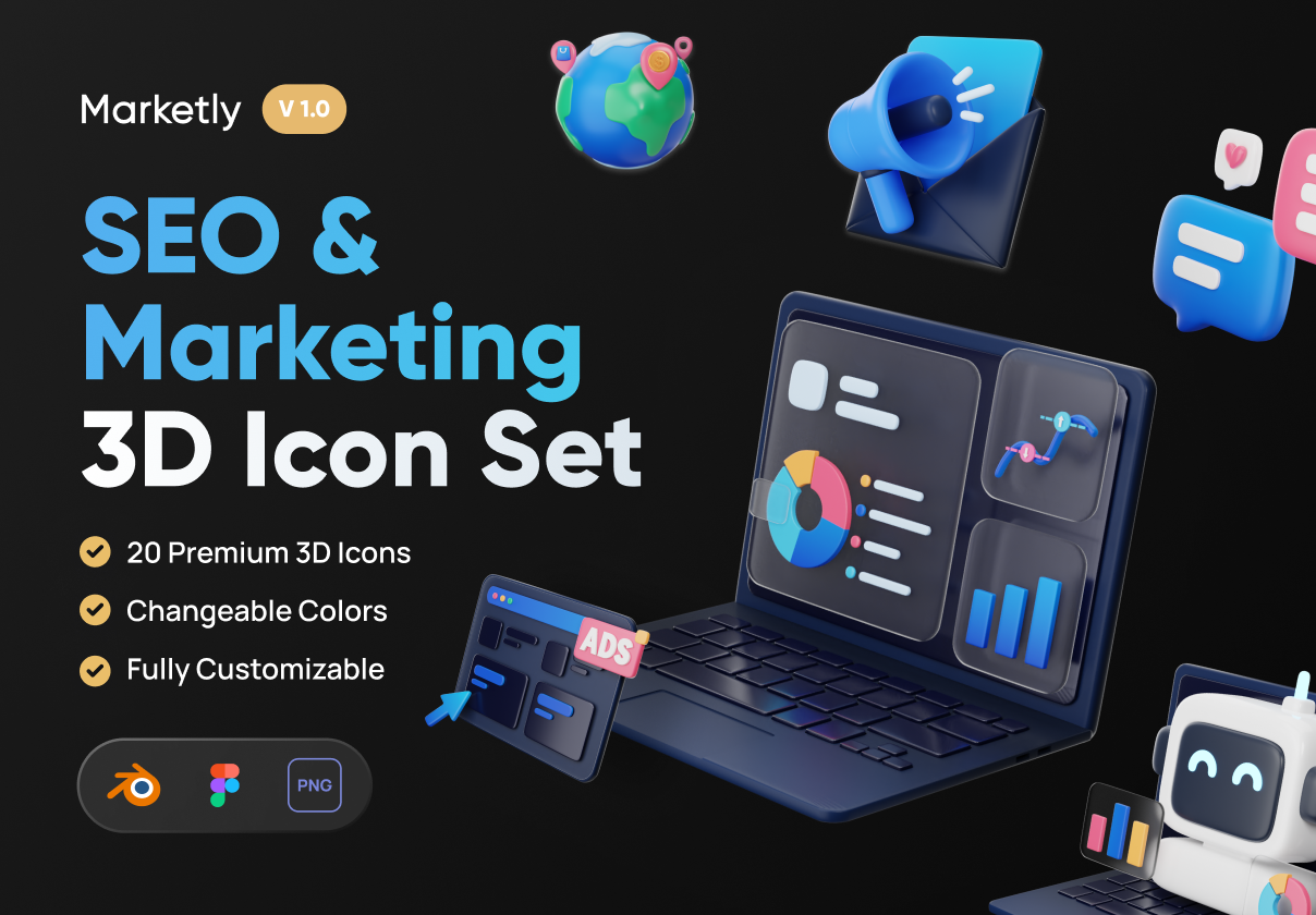 Marketly - SEO _ Marketing 3D图标集 (Marketly - SEO _ Marketing 3D Icon Set)