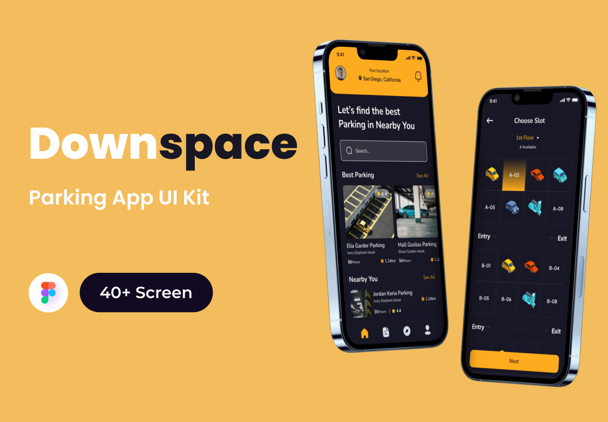 Downspace - 停车应用UI套件 (Downspace - Parking App UI Kits)