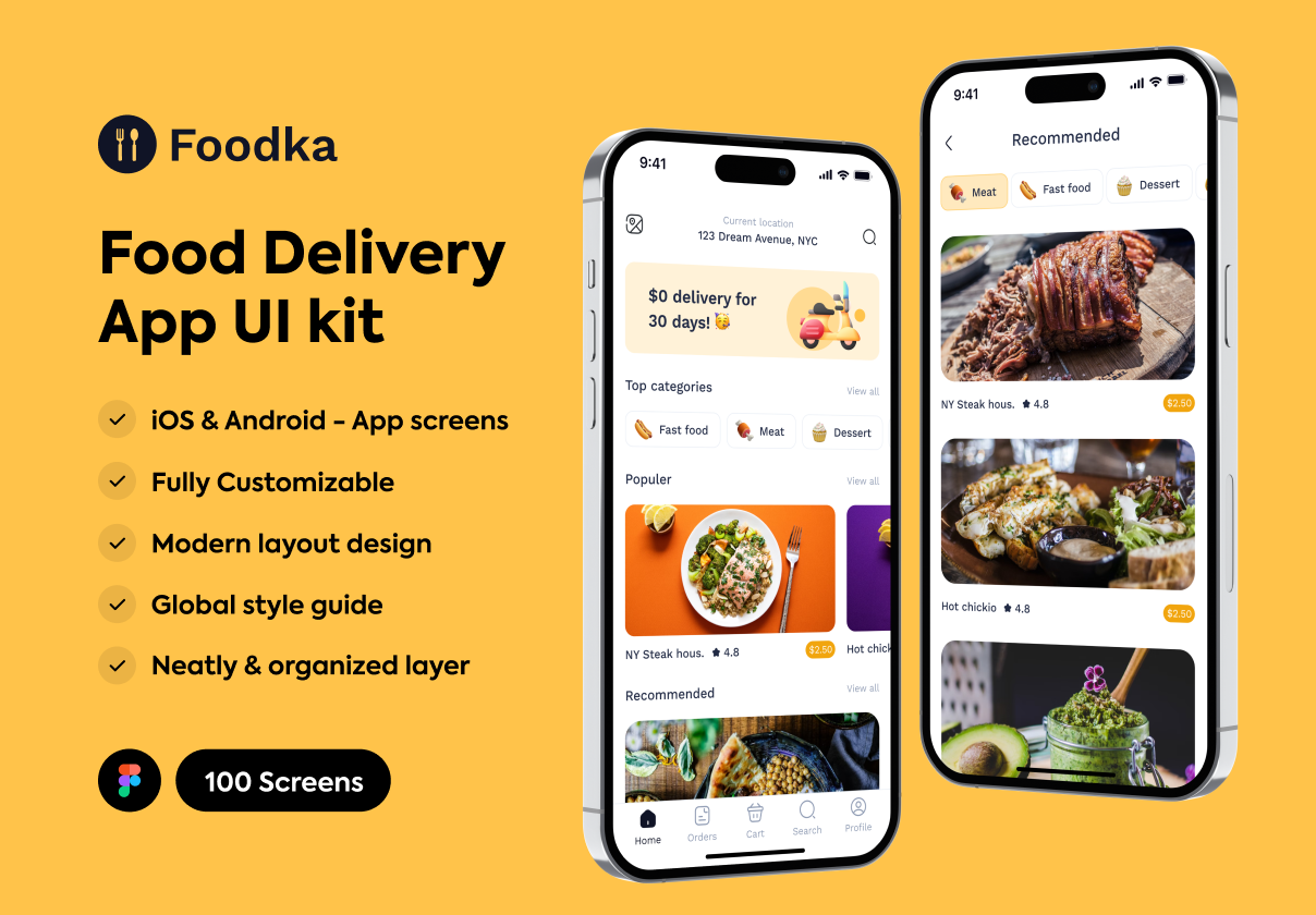 Foodka - 食品递送应用UI工具包 (Foodka - Food Delivery App UI kit)
