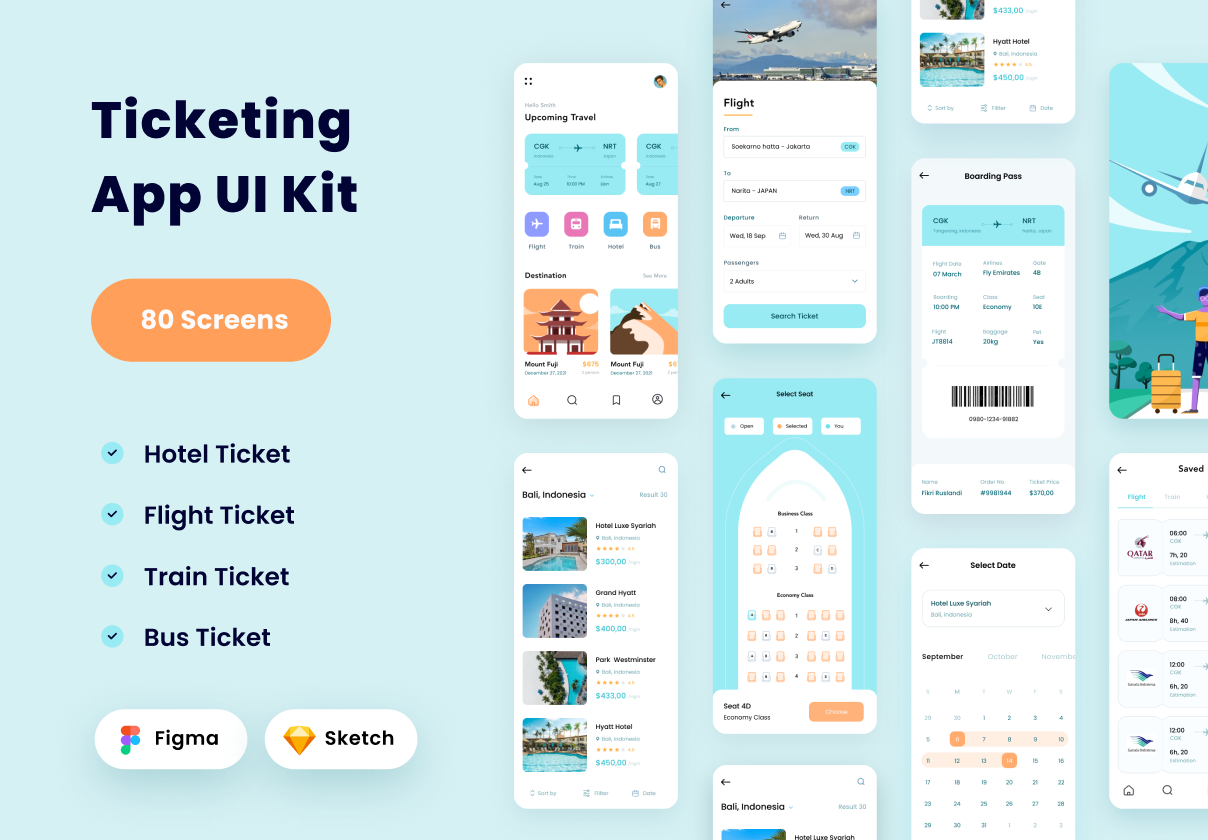 预订机票、酒店、火车、公交车应用UI包 (Booking Ticketing Flight, Hotel, Train, Bus App UI Kit)