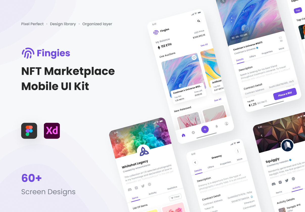 Fingies - NFT市场移动应用UI包 (Fingies - NFT Marketplace Mobile App UI Kit)