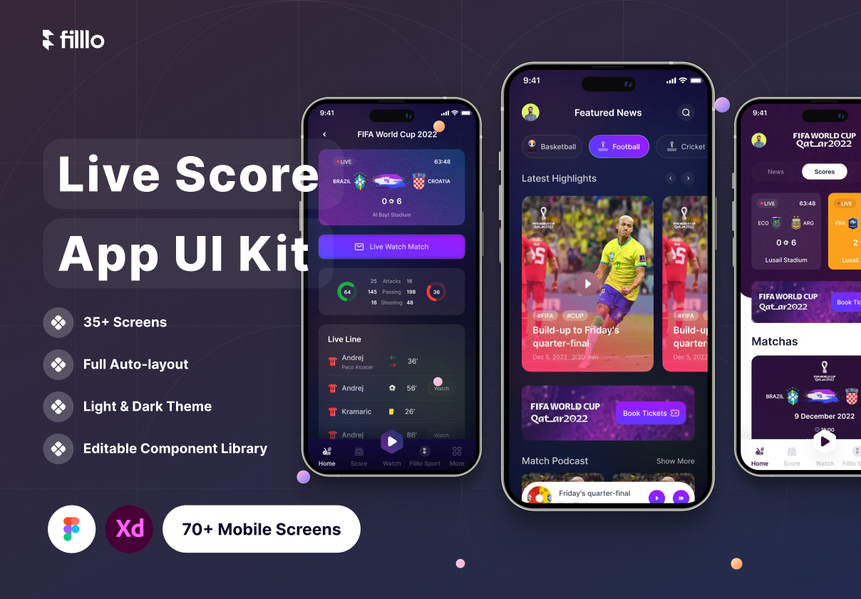 Filllo即时比分应用UI设计套件 (Filllo Live Score App UI Kit)