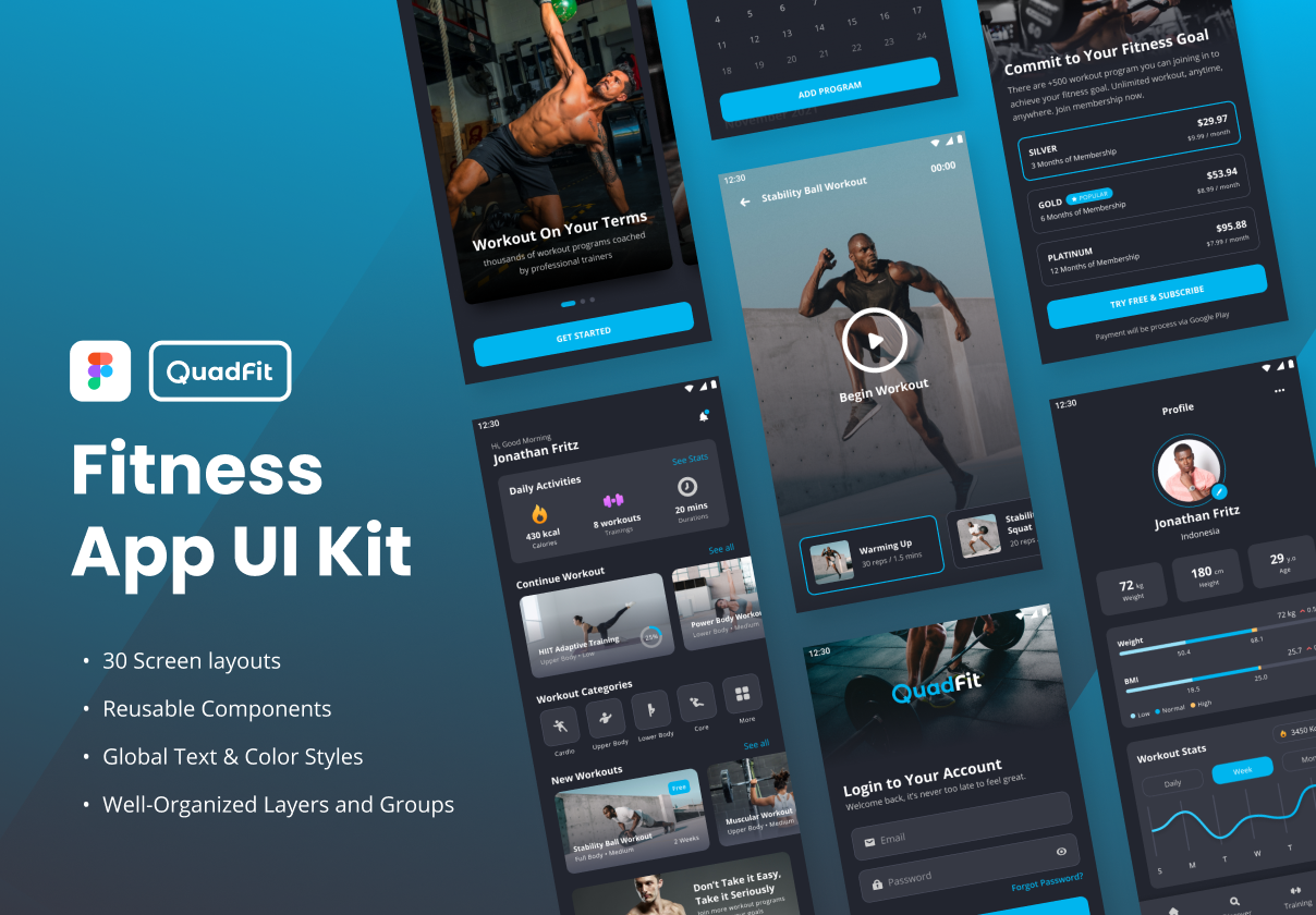 QuadFit - 健身应用UI套件 (QuadFit - Fitness App UI Kit)
