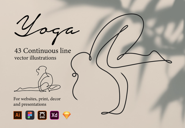 瑜伽连续线插图 (Yoga Continuous Line Illustrations)