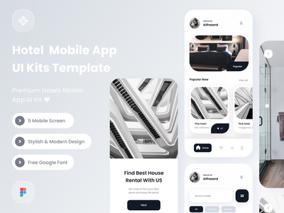 酒店移动应用 ui 套件模板(hotel Mobile App ui kits template)