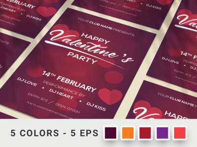 情人节派对传单 5 EPS 文件 2 月 14 日(Valentines Party Flyer 5 EPS Files 14th February)