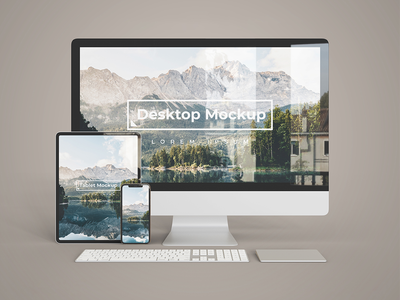 带有 iPad pro 和 iPhone 的 iMac 模型看起来是前视图(iMac mockup with iPad pro and iPhone looks front view)