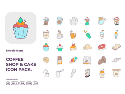 30 咖啡店和蛋糕概念涂鸦图标集(30 Coffee shop and cake concept doodle icon set)