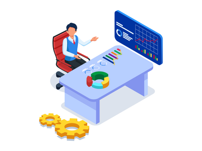 商人做商业推广。等距矢量图。(Businessman do business promotion. Isometric Vector illustration.)