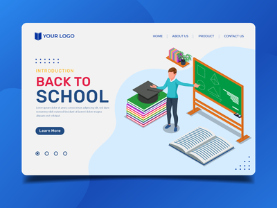 等距教师在董事会教学-登陆页面插图模板(Isometric Teacher teaching at the board - Landing page illustration template)