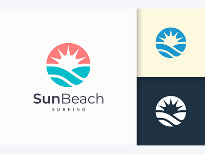 抽象水浪和太阳中的海洋或海洋标志代表冒险(Ocean or Sea Logo in Abstract Water Wave and Sun Represent Adventure)