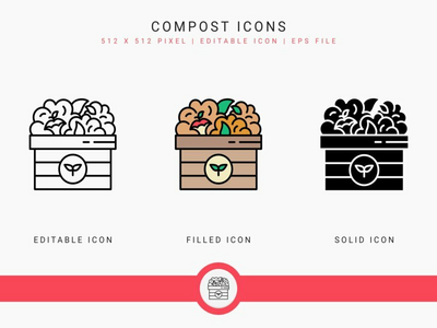 堆肥图标设置矢量图和实线图标线条样式(Compost icons set vector illustration with solid icon line style)