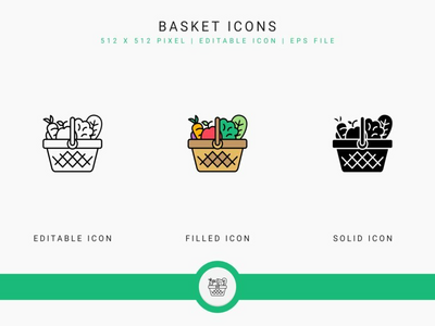 篮子图标设置矢量图和实线图标线条样式(Basket icons set vector illustration with solid icon line style)