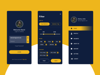 登录、过滤器和侧边菜单 深色主题 App UI(Login, Filter & Side menu Dark Theme App UI)