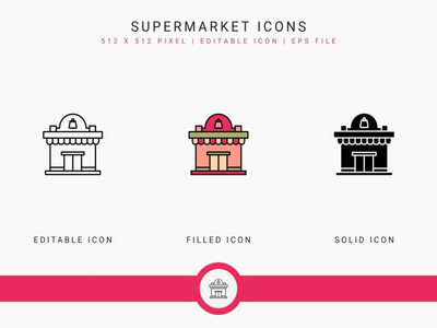 超市图标设置矢量图和实线图标线条样式(Supermarket icons set vector illustration with solid icon line style)