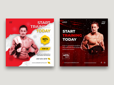 健身馆社交媒体横幅帖子和传单模板(Fitness gym social media banner post and flyer template)