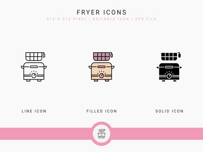 油炸锅图标设置矢量图和实线图标线条样式(Fryer icons set vector illustration with solid icon line style)