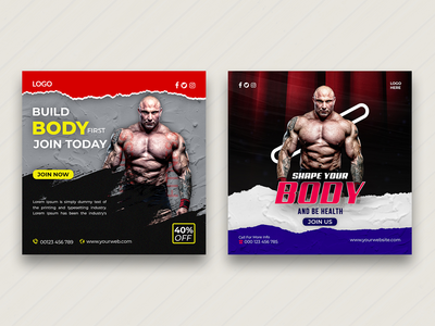 健身馆社交媒体横幅帖子和传单模板(Fitness gym social media banner post and flyer template)