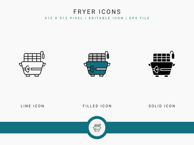 油炸锅图标设置矢量图和实线图标线条样式(Fryer icons set vector illustration with solid icon line style)