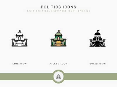 政治图标设置矢量图和实线图标线条样式(Politics icons set vector illustration with solid icon line style)