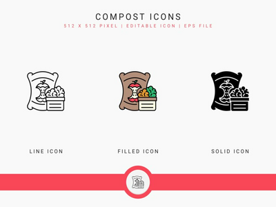 堆肥图标设置矢量图和实线图标线条样式(Compost icons set vector illustration with solid icon line style)