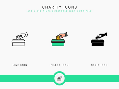慈善图标设置矢量图和实线图标线条样式(Charity icons set vector illustration with solid icon line style)