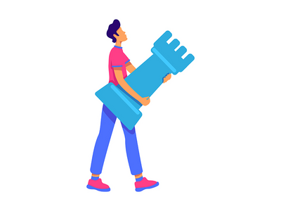 拿着车片半平面彩色矢量字符的年轻人(Young man holding rook piece semi flat color vector character)