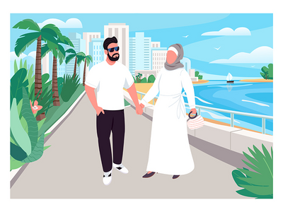 穆斯林家庭度假平面彩色矢量图(Muslim family vacation flat color vector illustration)
