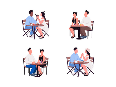 情侣坐在桌前平面彩色矢量不露面字符集(Couples sit at table flat color vector faceless character set)
