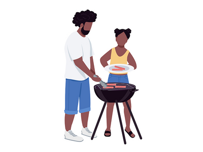 爸爸和女儿在烧烤半平面彩色矢量字符(Dad and daughter at barbeque semi flat color vector character)