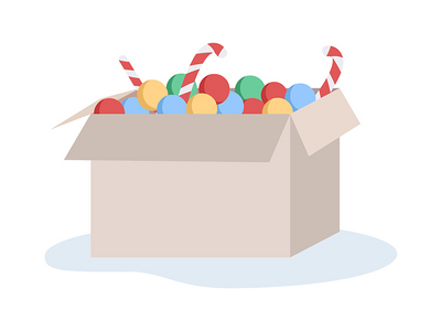 盒子半平面彩色矢量对象中的圣诞装饰品(Christmas decorations in box semi flat color vector object)