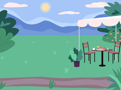户外野餐点平面彩色矢量图(Outdoor picnic spot flat color vector illustration)
