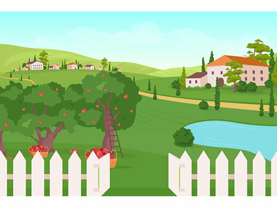 农田平面彩色矢量图(Farmland flat color vector illustration)