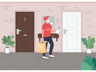 门食品交付平面彩色矢量图(Door food delivery flat color vector illustration)