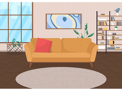 时尚客厅平面彩色矢量图(Trendy living room flat color vector illustration)