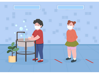 带有社交距离平面彩色矢量图的浴室中的儿童(Children in bathroom with social distance flat color vector illustration)
