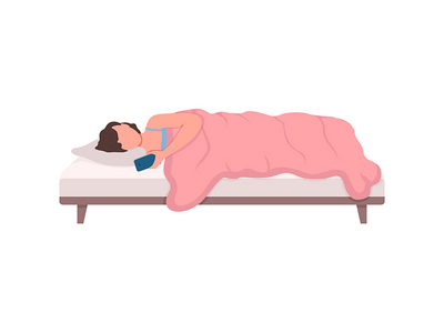 床上有智能手机的女孩平面彩色矢量不露面人物(Girl with smartphone in bed flat color vector faceless character)