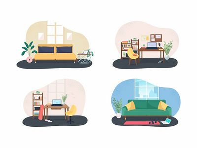 家庭办公室健身房 2D 矢量网页横幅、海报集(Home office gym 2D vector web banner, poster set)