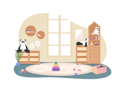 没有人的幼儿园游戏室 2D 矢量网页横幅、海报(Kindergarten playroom with no people 2D vector web banner, poster)