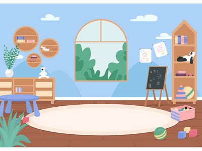 幼儿园教室平面彩色矢量图(Kindergarten classroom flat color vector illustration)