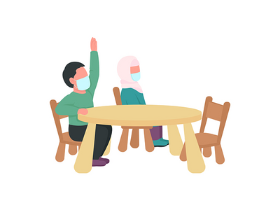 戴医用口罩的阿拉伯幼儿园儿童平面彩色矢量字符(Arabian kindergarten children in medical masks flat color vector  characters)